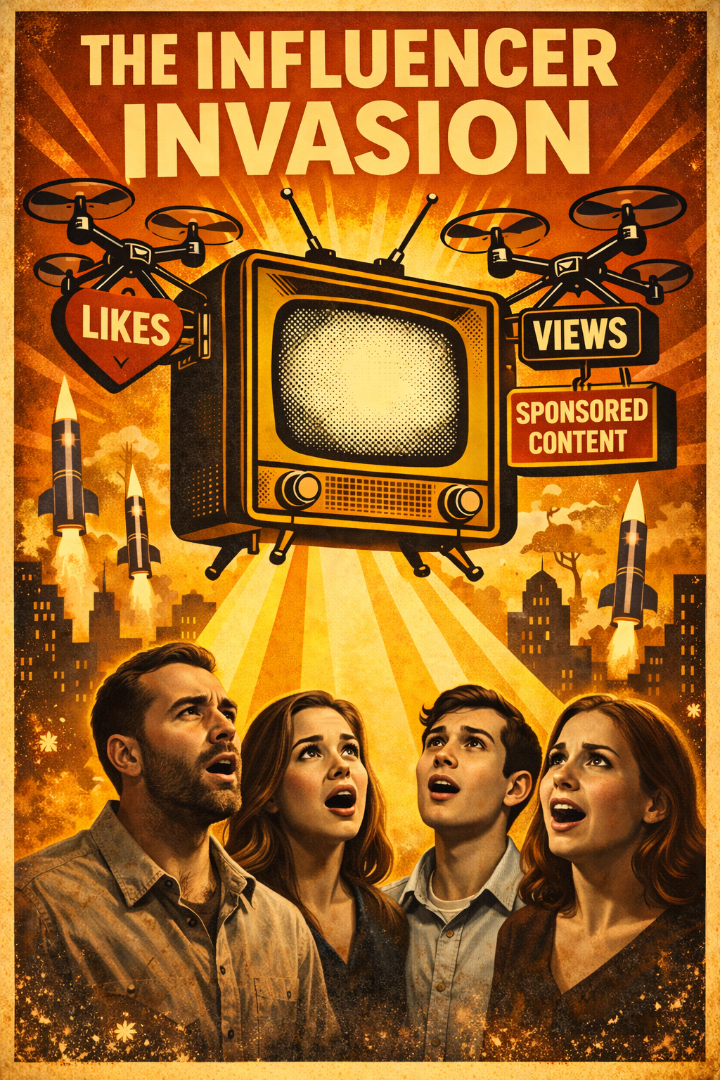 The Influencer Invasion Vintage Poster
