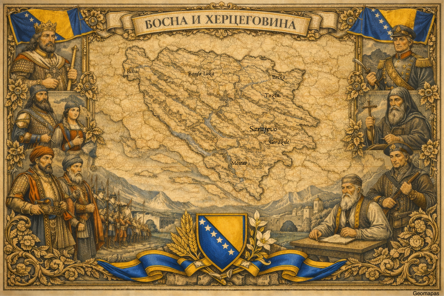 Timeless Bosnia Herzegovina Vintage Map